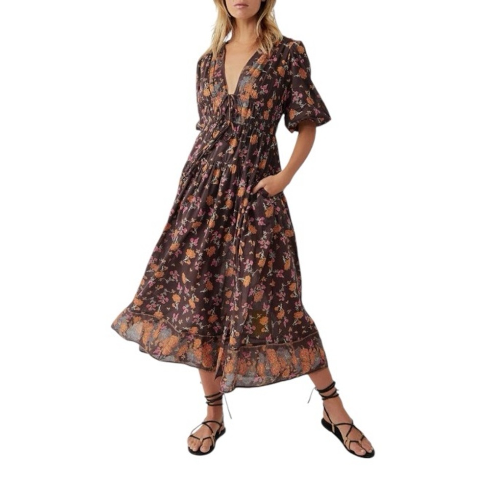 Free People Lysette Brown Floral Maxi Dress Pockets Size Medium Reg. $168